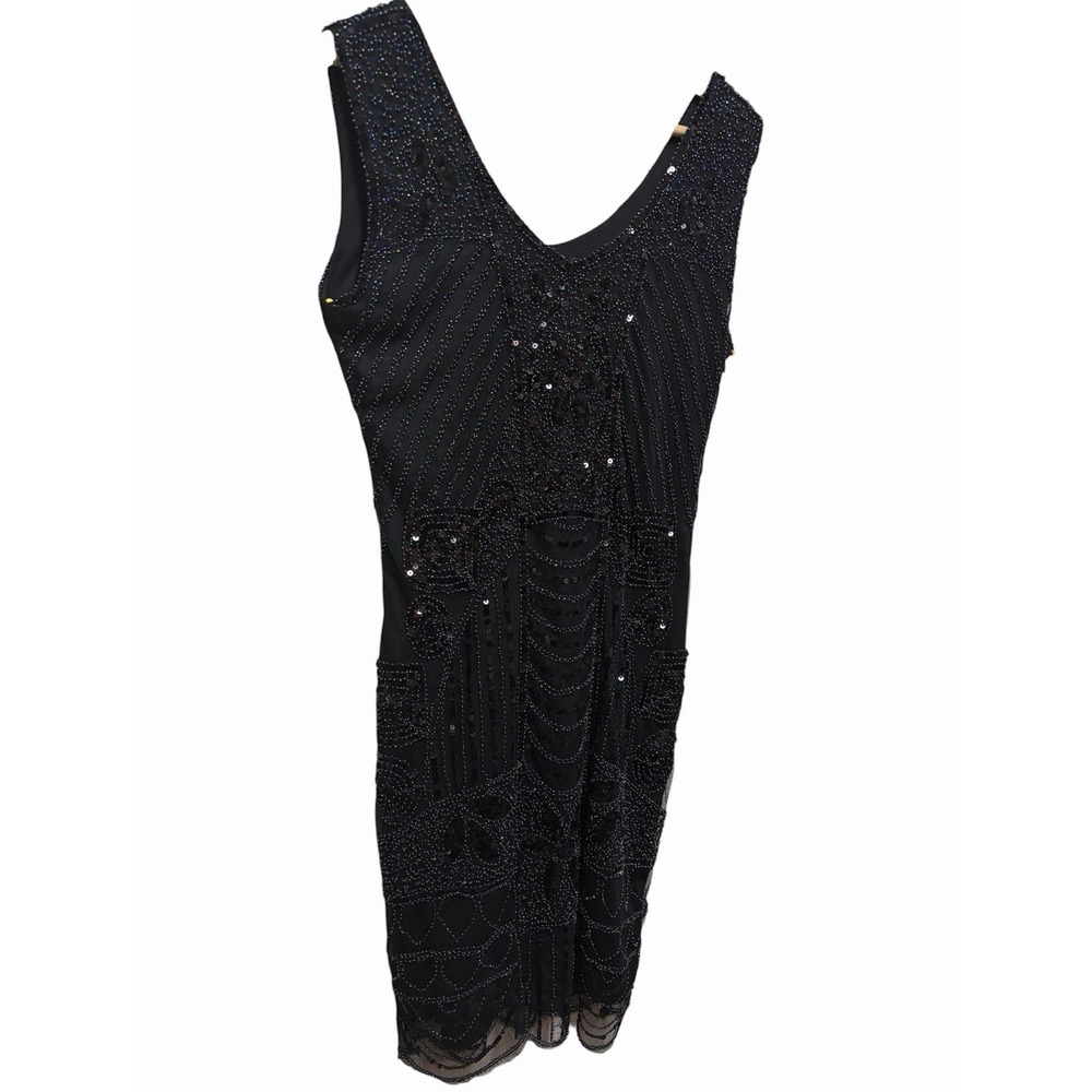 Pretty Guide Black Sequin Fringe Dress Midi V-Neck Sleeveless Mesh M Formal